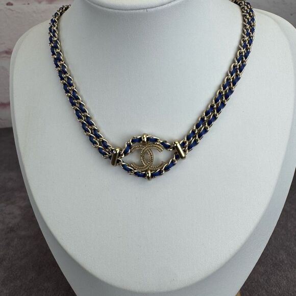 Chanel Metal Lambskin Blue Chain Link Choker Necklace - Picture 3 of 10